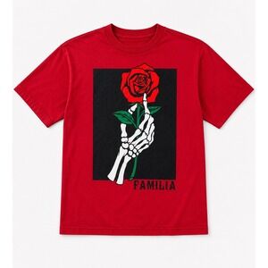 Mad Engine Red Skeleton Hand Holding Rose Familia Graphic Tee Shirt Medium